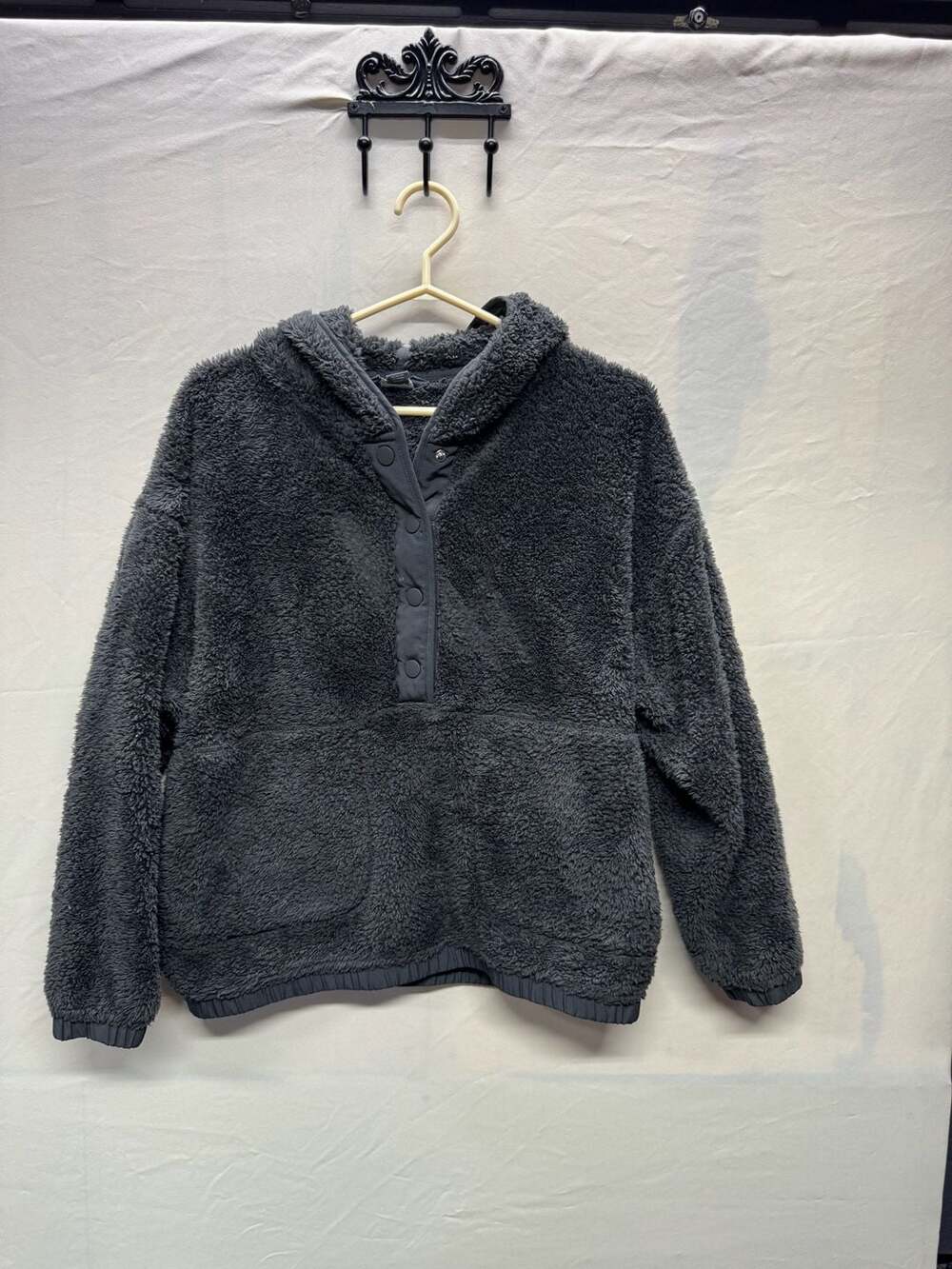 Eddie Bauer Grey Sherpa Fleece Snap Pullover Hoodie Medium